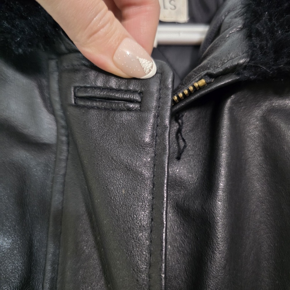 Vintage Genuine Leather Black‎ Coat Faux Fur Hood Y2K Minimalist Jacket - Picture 6 of 16